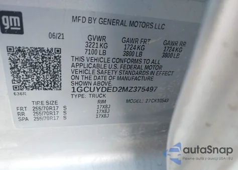 2021 Chevrolet Silverado 1500 4Wd Short Bed Lt z USA, uszkodzony, nr VIN 1GCUYDED2MZ375497